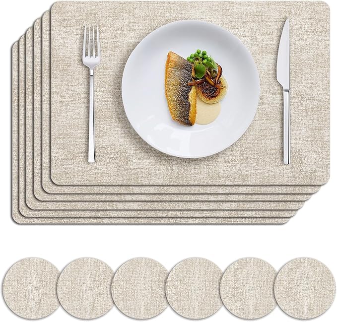 MOSAYT Faux Leather Placemats Set of 6, Heat Resistant Wipeable Washable Vinyl Place Mats with Coasters, Waterproof Oil Proof Table Mats for Kitchen Dining Party Indoor Outdoor, 12" x 17", Beige