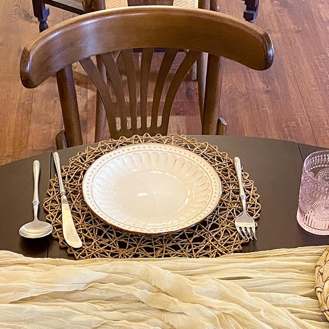 AHHFSMEI Paper Braided Round Placemats Set of 12 Natural Non-Slip Heat Resistant Table Mats for Dining Tables Woven Indoor & Outdoor Place mats(Brown,12)