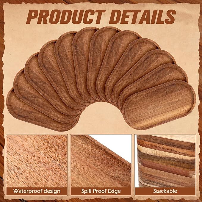 Geetery 12 Pcs Acacia Wooden Serving Trays 10 Inch Oval Wood Platter Wooden Serving Platter Oval Charcuterie Plates Board Cheese Plate Fruit Wood Tray Acacia Cheese Board for Dessert Appetizer