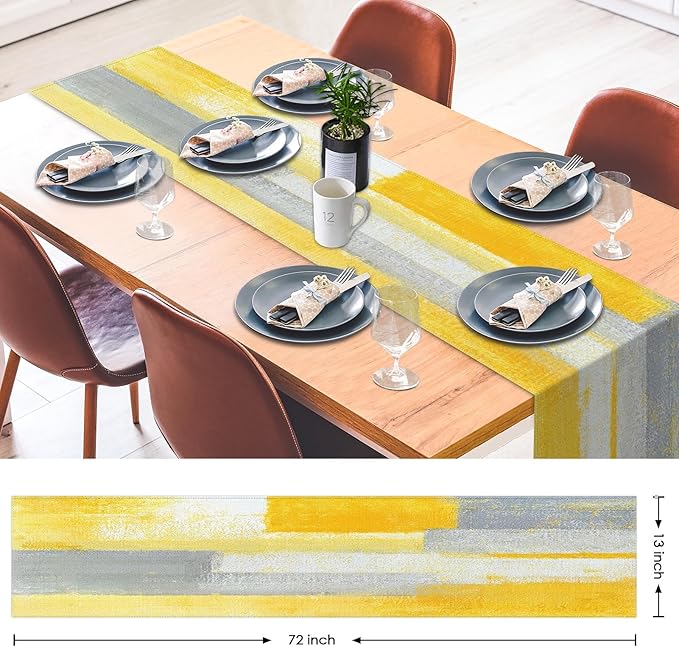 Emvency Yellow Abstract Table Runner, Modern Grey White Art Painting for Kitchen Coffee Table Family Dinners Holiday Parties Wedding Events Decor(13x72 inch)