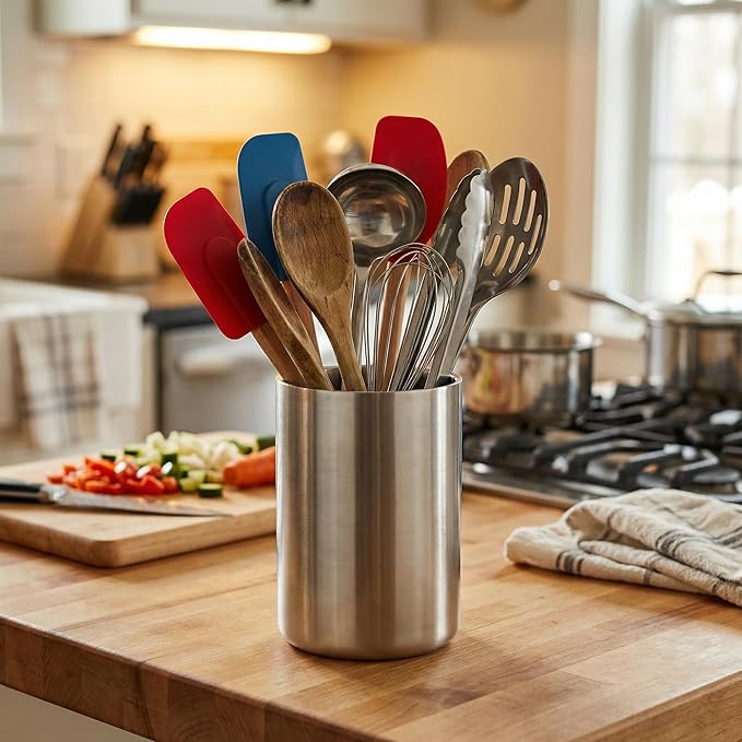 Kitchen Utensil Holder for Countertop, 304 Stainless Steel Double Wall Cooking Tool Caddy, Brushed Finish Spatula Spoon Organizer Crock, Large Capacity, Silver