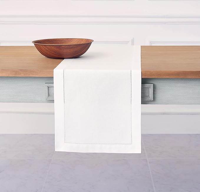 Solino Home White Table Runner 156 Inches Long - Cotton Linen Hemstitch Extra Long Table Runner 14 x 156 Inch for Spring, Summer, 4th of July