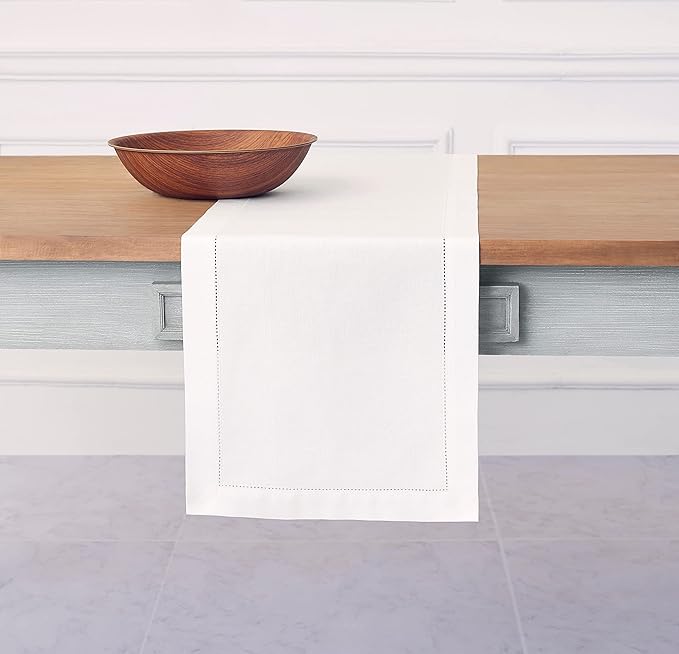 Solino Home White Table Runner 108 Inches Long - Cotton Linen Hemstitch 14 x 108 Inch Table Runner for Dining, Spring, Summer, 4th of July