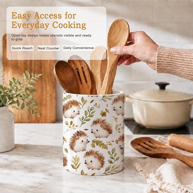 Ceramic Kitchen Utensil Holder for Countertop,Cute Hedgehog Large Utensil Crock for Kitchen Counter,Cooking Utensil Organizer for Spatulas,Spoons