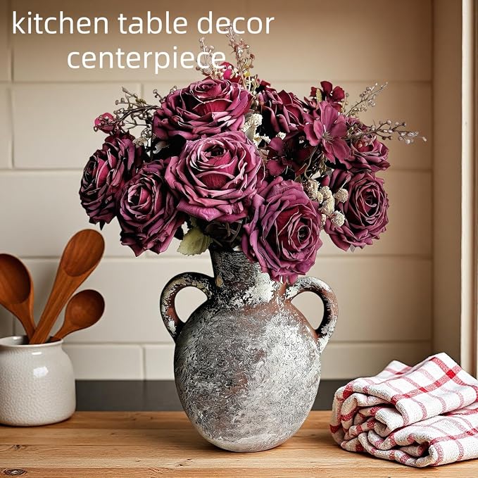 Flower Arrangement with Terracotta Vase, Pre-Arranged Faux Roses & Mixed Flowers Centerpiece for Rustic Farmhouse Table Decor/15”