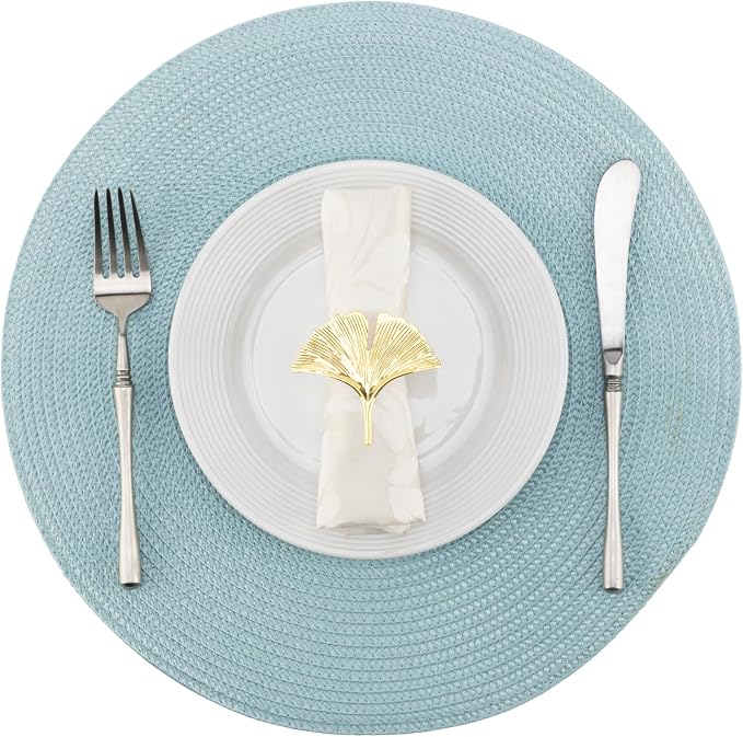 Winknowl 15 Inch Round Braided Placemats Set of 4, Washable Cotton Polyester Table Mats, Heat Resistant Non-Slip Place Mats for Kitchen Dining Table Decor (Light Blue,4pcs)