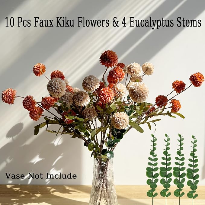 10pcs Faux Beige & Orange Kiku Flowers, 5 Heads Each Stem & 4 Branches Eucalyptus Stems, Artificial Small Mini Chrysanthemum Flowers for Aesthetic Room Decor, Floral Arrangements Centerpiece