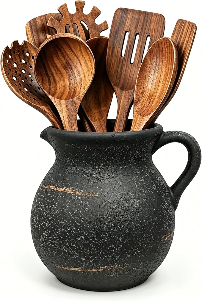 Rustic Kitchen Utensil Holder, 7.3'' Ceramic Vintage Utensil Crock for Counter, Farmhouse Utensil Crock Countertop Organizer for Spatulas Spoons Cooking Tools, Modern Home Kitchen Decor (Black)