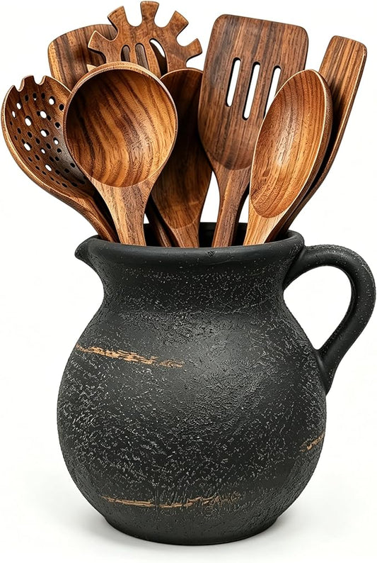 Rustic Kitchen Utensil Holder, 7.3'' Ceramic Vintage Utensil Crock for Counter, Farmhouse Utensil Crock Countertop Organizer for Spatulas Spoons Cooking Tools, Modern Home Kitchen Decor (Black)