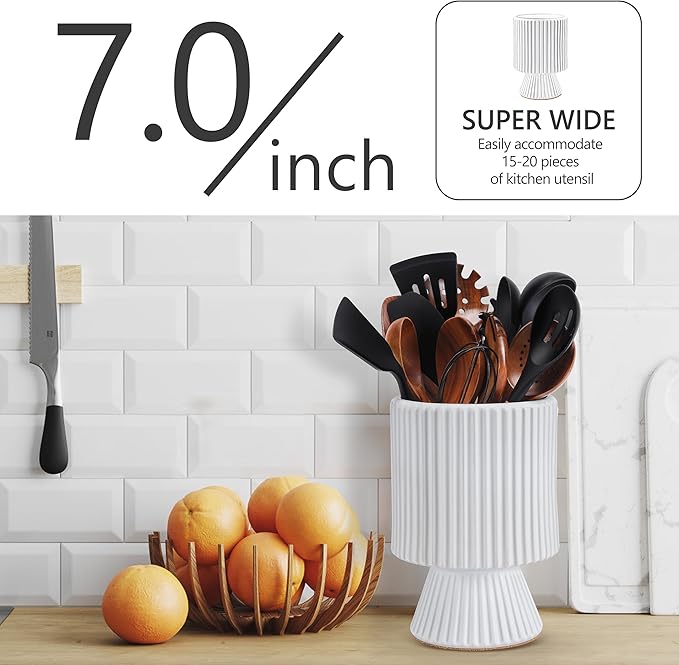 Extra Large Ceramic Utensil Holder for Countertop, Utensil Organizer, Morden Aesthetic Crock for Kitchen Decor - White