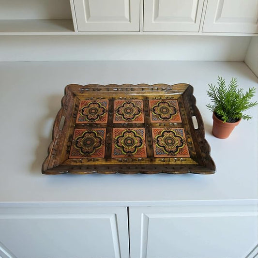 Handcrafted Talavera Tile Serving Tray | Mexican Wooden Tray-D5