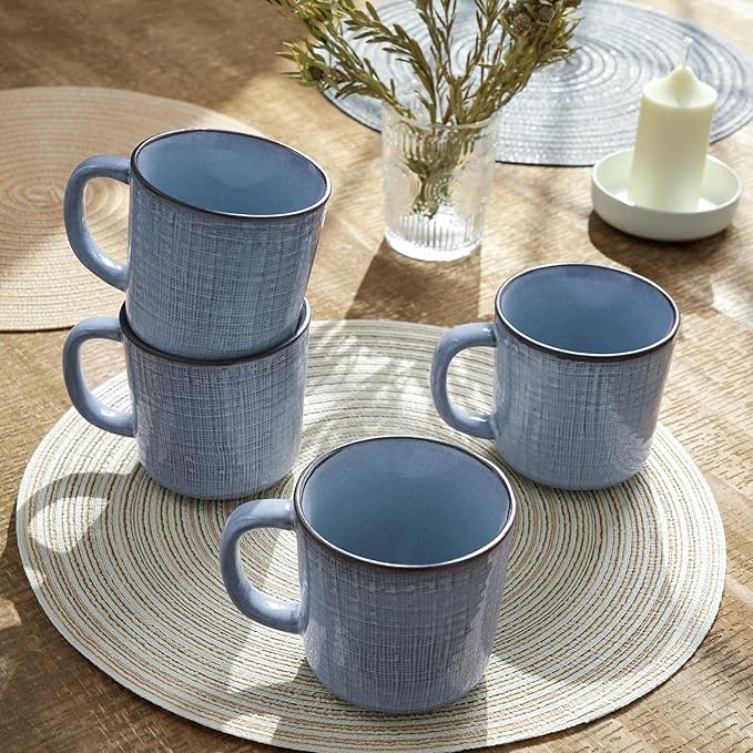 famiware Moonlight Coffee Mug Set of 4, 14oz Mug Set with Linen Finish, Coffee Cup Set with Handle for Latte, Cappuccino, Tea, Hot Cocoa, Microwave and Dishwasher Safe, Blue