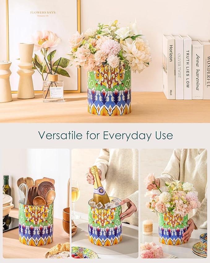 vancasso SIMI Utensil Holder, 7.3"+5.5" Porcelain Kitchen Utensil Holder for Countertop, Bohemian Kitchen Utensil Organizer for Spatulas, Spoons, Ladles, Decorative Counter Utensil Crock, Golden Bloom