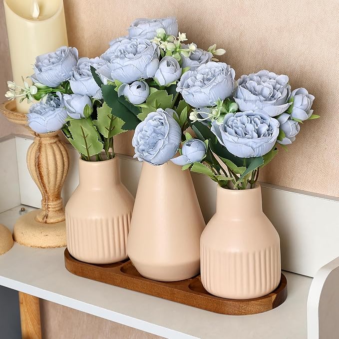 Flower Table Centerpiece - Dining Table Centerpiece Decor Set of 3 Fake Peonies in Ceramic Vases & Wood Tray Modern for Kitchen Island Living Room Coffee Table Home Decor (Blue)