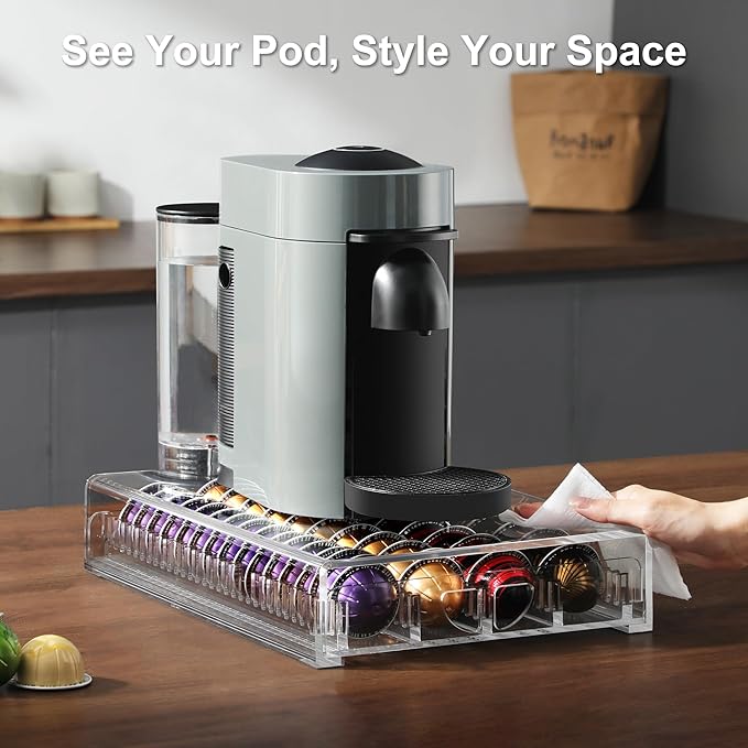BLACKSMITH FAMILY Coffee Pod Drawer Organizer for Nespresso Vertuo Pods,Acrylic Coffee Pod Holder Holds 40 Large or 60 Small Capsules,Pull-Out Drawer with Anti-Slip Base for Countertop（Crystal-Clear)