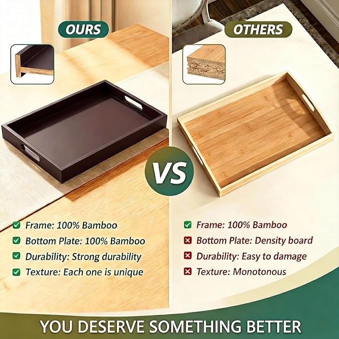 Dark Brown Bamboo Serving Tray Set of 2 with Handles, Nesting Wooden Trays for Serving Food & Drinks, Rectangular Coffee Table Ottoman Tray for Living Room Decor, Large 16.9” & Small 15.6”