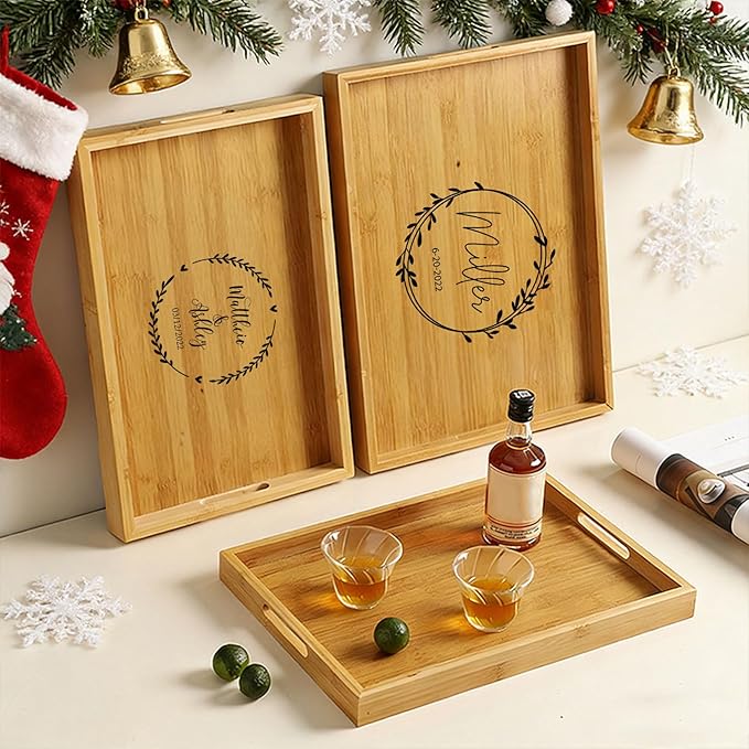 Custom Bamboo Serving Tray with Initial & Name, Personalized Breakfast Tray with Handles, Wooden Food Serving Tray for Coffee, Drinks, Home Decor Gift