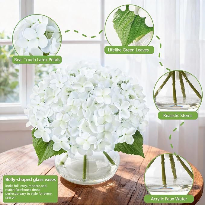 Artificial Hydrangea Flowers Arrangements in Glass Vase for Home Decoration, Faux Hydrangea Flowers for Floral Arrangements with Faux Water Wedding Bouquets Kitchen Table Centerpiece Decor