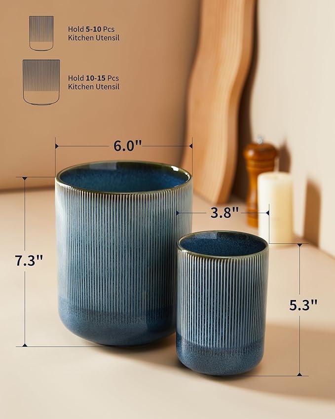 Pokini Utensil Holder, 7.3"+5.3" Ceramic Large Kitchen Utensil Holder for Countertop, Modern Spatula Holder for Counter, Kitchen Utensils Holder Utensil Crocks, Reactive Glaze Blue