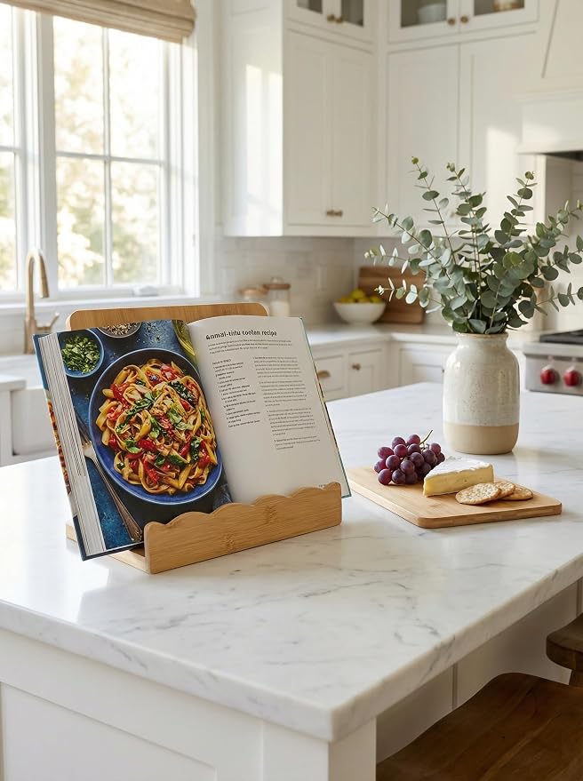 Bamboo Wood Cookbook Stand for Kitchen Counter, Detachable Serving Tray | 2-in-1 Recipe Stand & Serving Tray, Holds 11.8" Cookbooks & 3" Thick Books/Tablets, Bamboo Wood, Detachable for Easy Storage