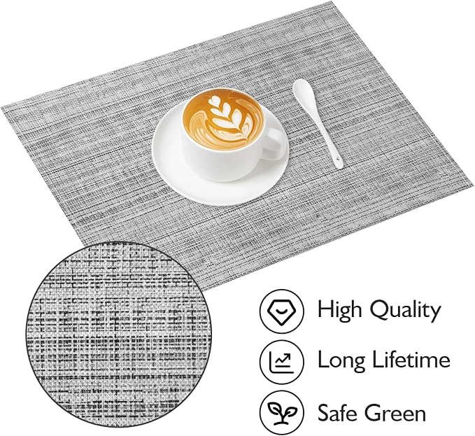 Niviy Grey Placemats Set of 6, 12x18 Inch Washable Easy to Clean Heat-Resistant Anti-Skid Grey Placemats for Holiday Party Kitchen Dining Room Decoration