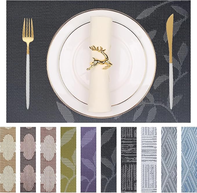 Leaf Placemats Set of 6 Non-Slip Heat-Resistant Vinyl Washable Place Mats for Kitchen Table Indoor Outdoor Durable (18"x12", Black)