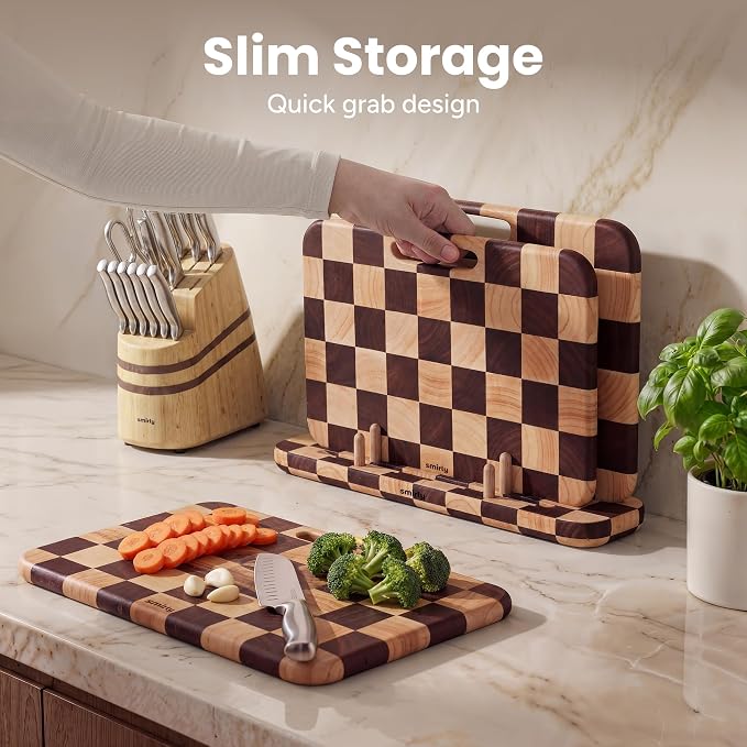 SMIRLY Wooden Cutting Boards for Kitchen, Double-Sided Cutting Board with Handle, Heavy Duty Solid Rubber Wood Cutting Board Set with Stand, 3 Pcs Cutting Boards Non Toxic for Meat Vegetable Fruit