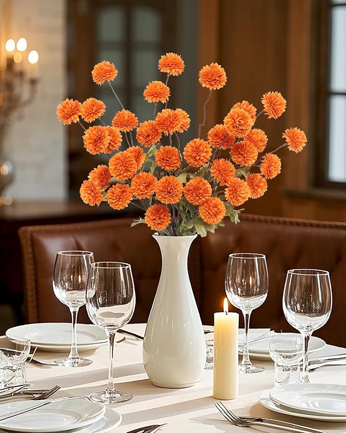 DuHouse 6pcs Artificial Flowers Faux Silk Pompon Mum,Silk Small Mini Chrysanthemum Ball with Stems for DIY Bouquets Centerpieces Vase Home Table Kitchen Decorations(Orange)