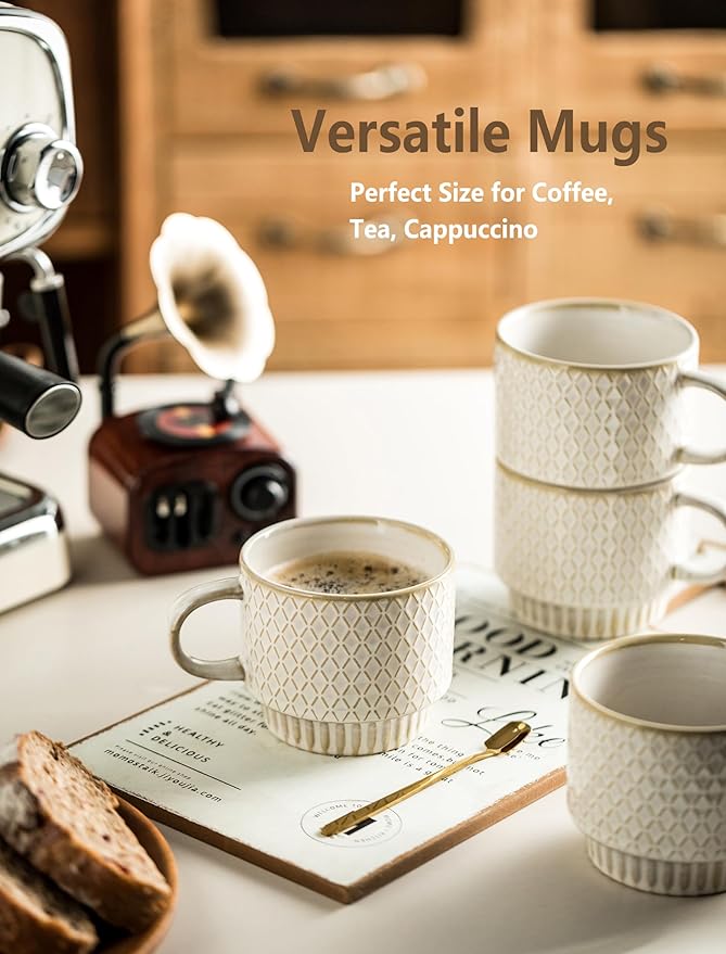 Gomakren Coffee Mugs Set of 4, 13 Ounce Stackable Coffee Mugs with Stand, Ceramic Coffee Cups with Spoon for Coffee, Espresso, Cappuccino, Latte, Cocoa, Tea and Milk, Creamy White
