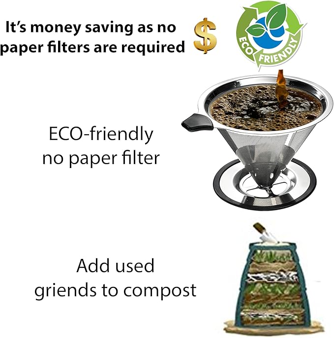 Clever Pour Over Coffee Dripper With Cup Stand (Size #4) - Paperless and Reusable - Ultra Fine Micro Mesh Filter - Perfect for Manual Brewing - BONUS: Coffee Scooping Spoon + Cleaning Brush.