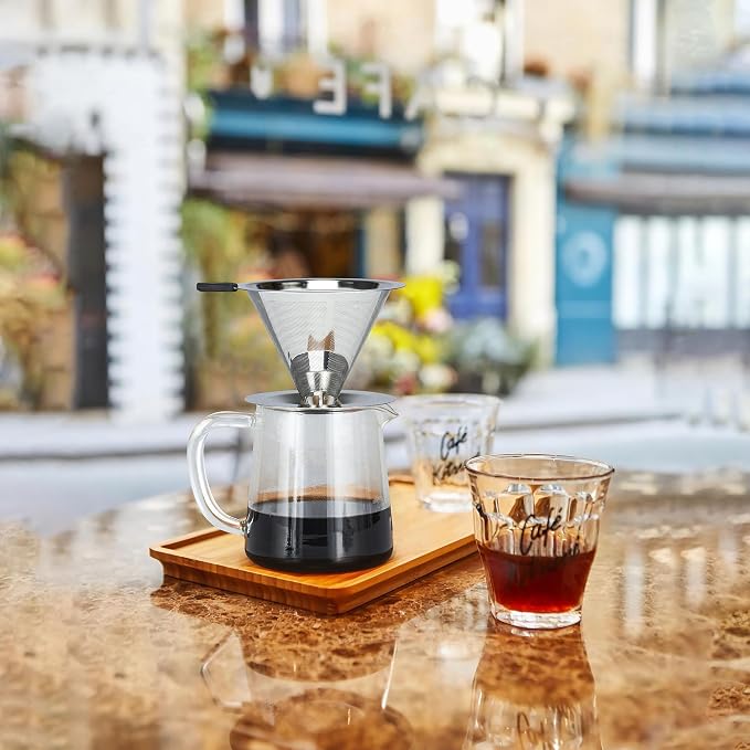 Pour Over Coffee Dripper Slow Drip Paperless Coffee Filter, Double Mesh Stainless Steel Pour Over Coffee Maker for Single Cup Brew Cone Filter, Integrated Cone Coffee Drip Fine Mesh Strainer(5-6 Cup)