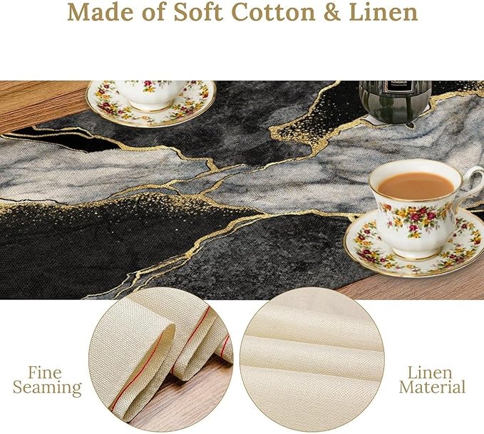 Marble Table Runner, Black Grey and Gold Abstract Modern Luxury Texture Printed Linen Table Runners for Home Farmhouse Kitchen Dining Room Party Holiday Decor 13" W x 36" L