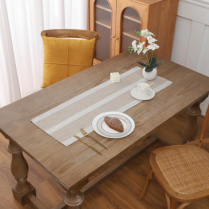 Gernaice Boho Table Runner, Rustic Cotton Linen Farmhouse Table Runners for Dresser End Coffee Table Home Decor, 36" L X 13" W Brown
