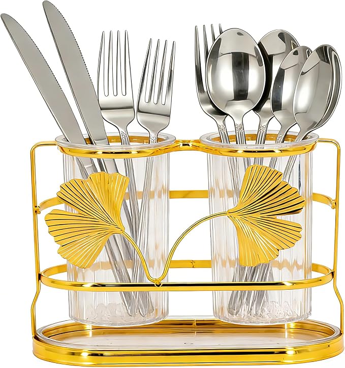 Transparent Double Barrel Square Cup Utensil Holder for Kitchen Counter, Large Capacity Silverware Caddy with Drainage System, Rust Resistant Freestanding Utensil (Double bucket round cup)