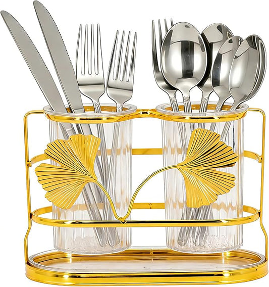 Transparent Double Barrel Square Cup Utensil Holder for Kitchen Counter, Large Capacity Silverware Caddy with Drainage System, Rust Resistant Freestanding Utensil (Double bucket round cup)