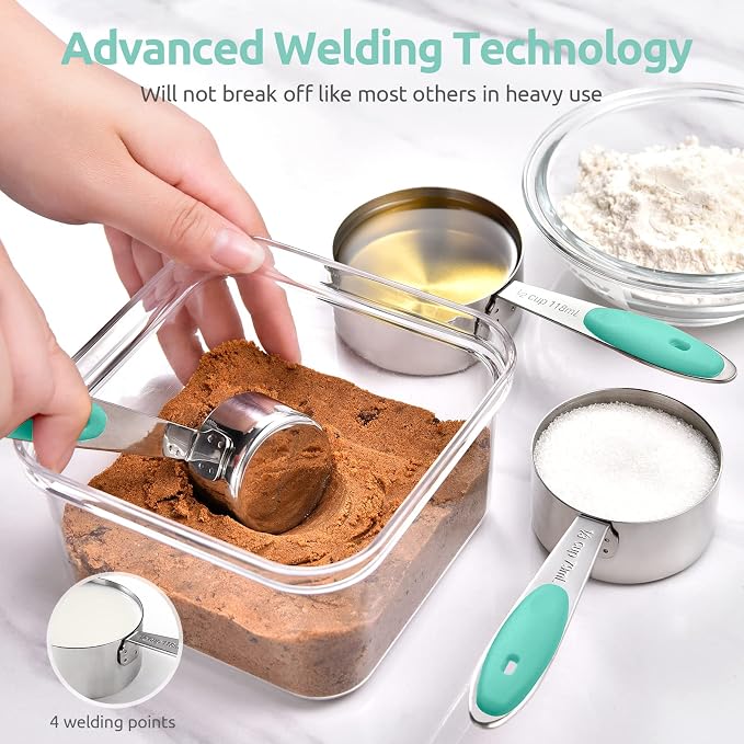 U-Taste 18/8 Stainless Steel Measuring Cups and Spoons Set (Set of 12,Multicolor), and 600℉ Heat Proof Long & Wide Silicone Solid & Slotted Turner for Egg, Pancake (Set of 2, Aqua Sky)
