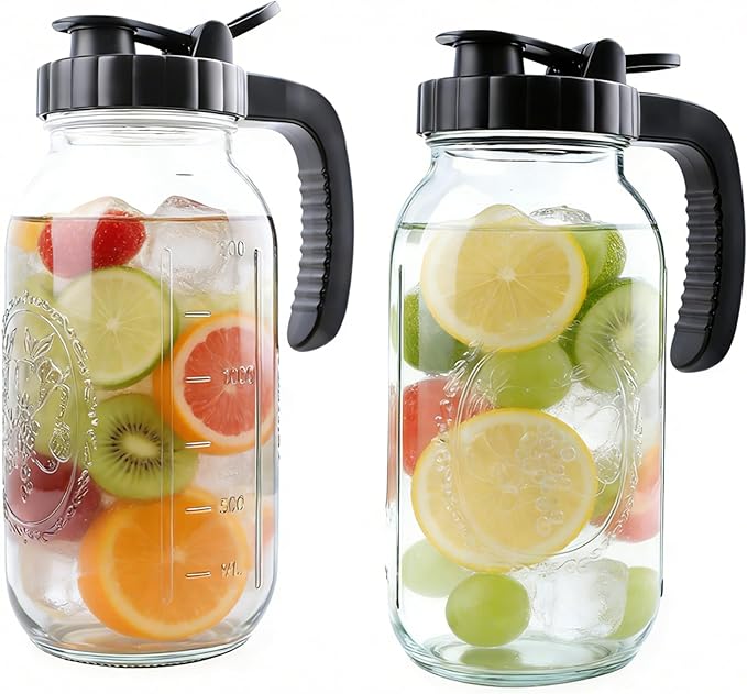 Glass Mason Jars Pitcher Half Gallon With Pour Spout Lid (2 Set) 2 Quart Wide Mouth Fridge Breast Milk Pitcher Airtight Leak Proof 64 oz Jug With Top Flip Cap For Cold Brew Coffee, Iced Tea, Beverage