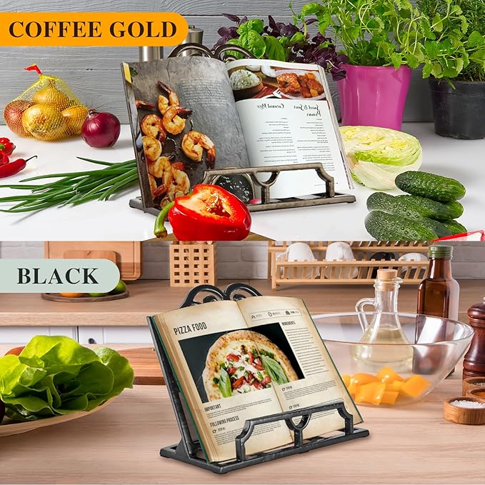 JOGREFUL Cookbook Stand, Cast Iron Heavy-Duty Recipe Book Holder, Kitchen Vintage Recipe Book Holder, Reading Rest Holder for Easel/Counter/Books/Magazine/iPad/Bible, Classic Coffee Gold