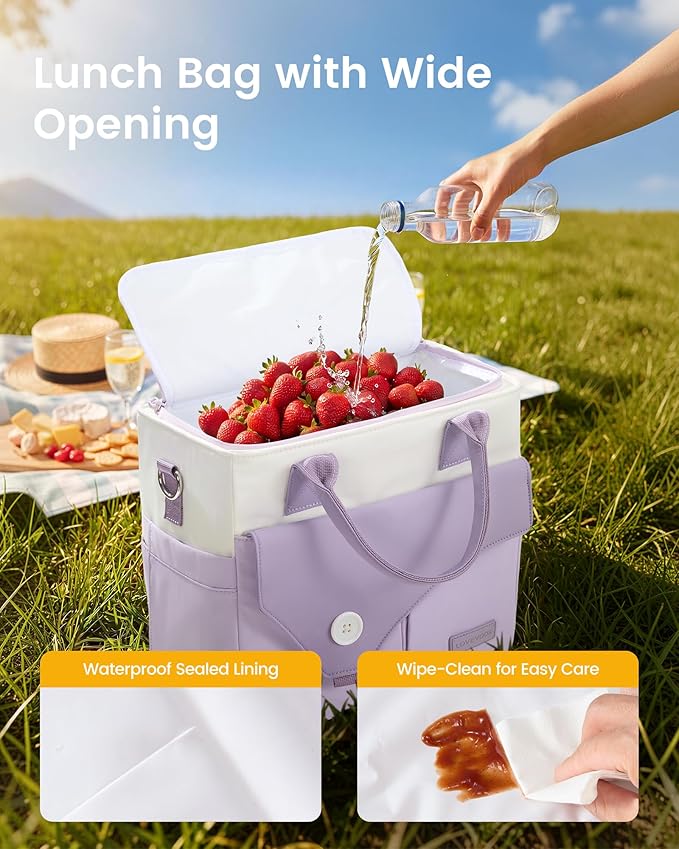 LOVEVOOK Insulated Lunch Bag for Women, Wide Opening Leakproof Cooler Bag with Cup Holder and Shoulder Strap, Adult Large Pink Lunch Box for Work Picnic
