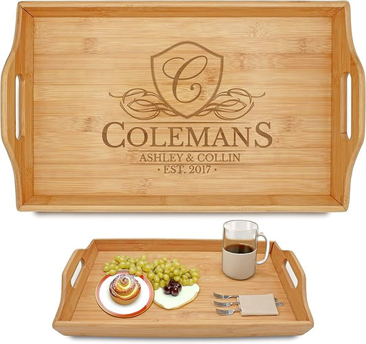 Personalized Bamboo Wood Serving Tray with Handles, Engraved Wooden Trays, Wedding Gifts, Housewarming Gifts (Colemans)