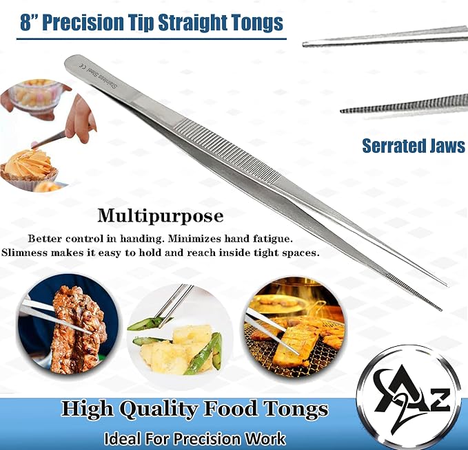 Professional Culinary Stainless Steel Precision Tongs with Serrated Tips, Plating/Food Presentation Detailing Serving Tongs, Chef's Kitchen Tweezer Tongs - Ultra Non-Slip Grip (8" STR Slim)
