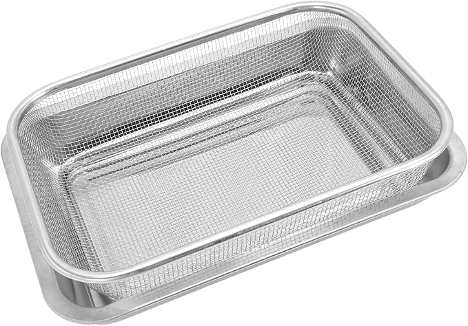 POPETPOP Stainless Steel Drain Oil Plate with Rectangular Baking Sheet and Removable Cooling Rack, Dishwasher Safe and Easy to Clean, for Kitchen Baking and Oil Draining