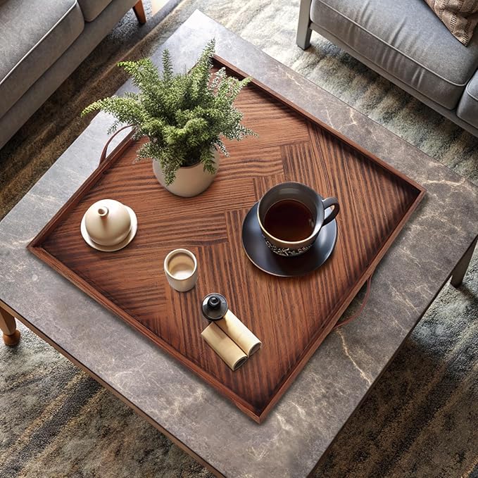 SXNOWS Large Ottoman Wood Trays, Wooden Serving Tray with Handles, Large Ottoman Tray, Square Wooden Serving Tray for Coffee Table, Living Room and Kitchen, 24 x 24 inch