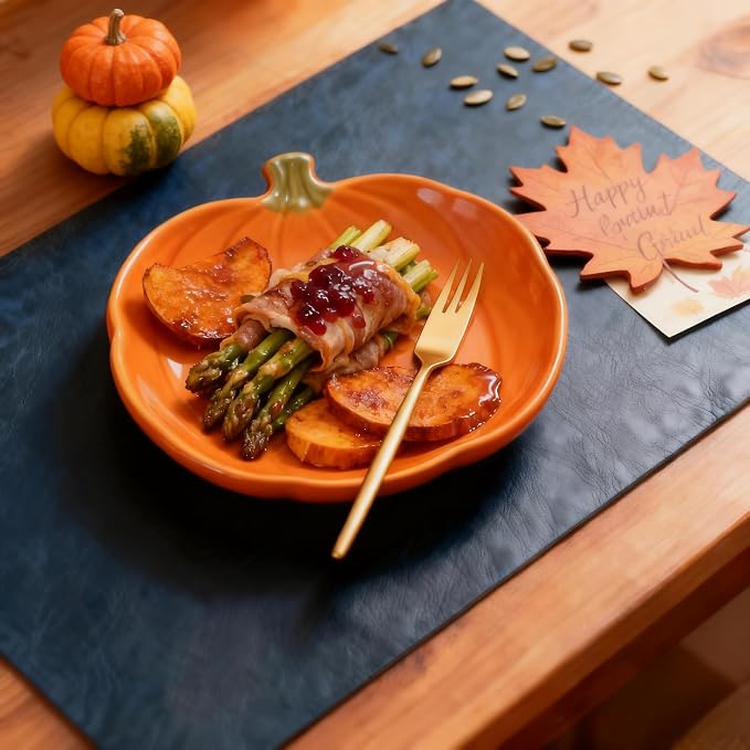 Placemats Set of 8, DOLOPL Reversible Dual-Color Faux Leather Place Mats 17"x11.8"– Waterproof, Heat Resistant, Washable & Wipeable, Luxury Retro Style for Kitchen, Dining Table (Camel/Navy Blue)