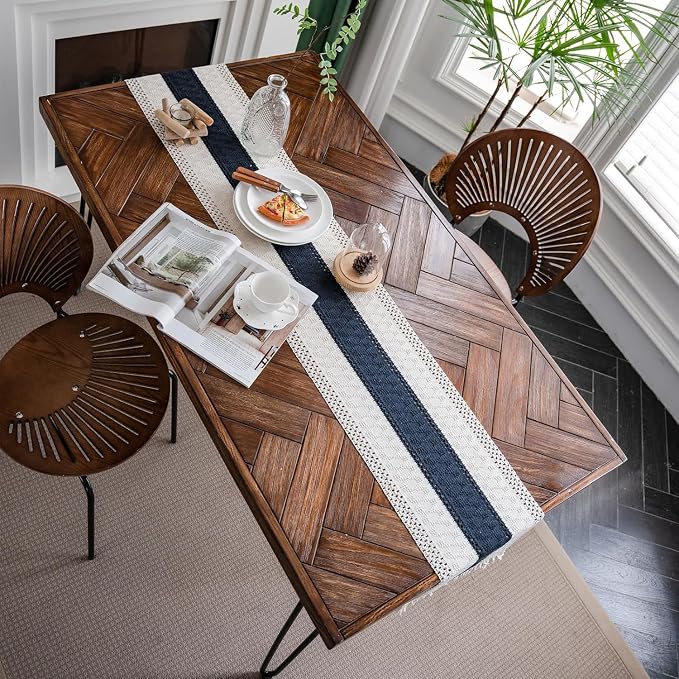 Macrame Table Runner Cream Beige and Blue Boho Table Runners with Tassels Hand Woven Cotton Table Runner Rustic Farmhouse Table Runners for Bohemian Kitchen Dining Table(12x60in)