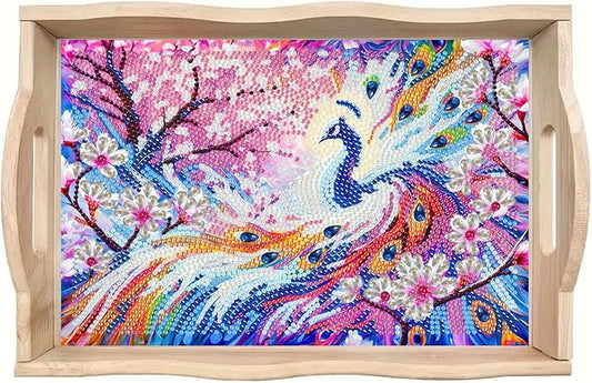 ARTopet DIY Diamond Serving Tray Diamond Art Painting Creative Design Handmade Wooden Tray Dinner Plate for Coffee Breakfast Home Organizer-Peafowl