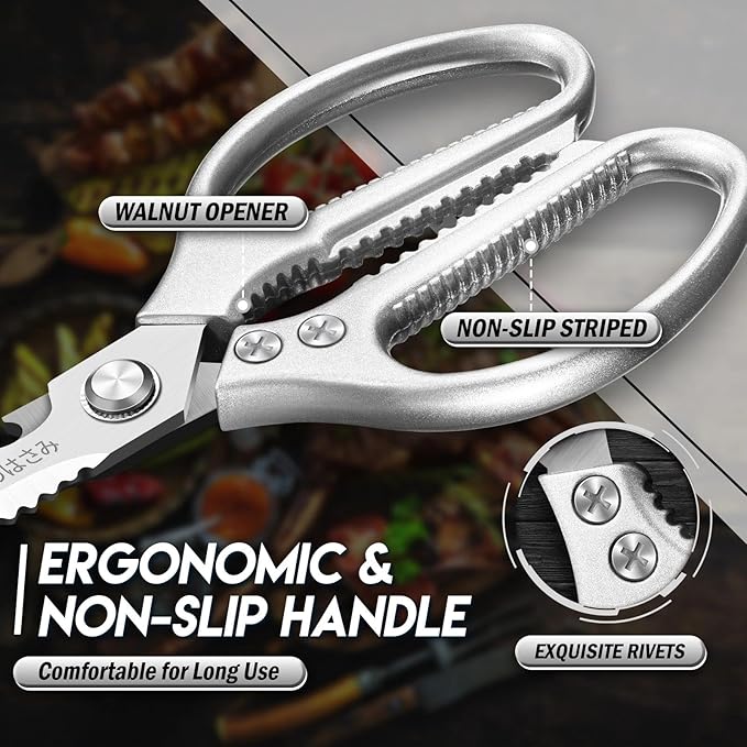 TIJERAS Kitchen Scissors Set Silver - Stainless Steel Kitchen Shears, Sharp Meat Scissors Dishwasher Safe, Heavy Duty Poultry Shears, Japanese Cooking Scissor for Food, Chicken, Gifts for Women