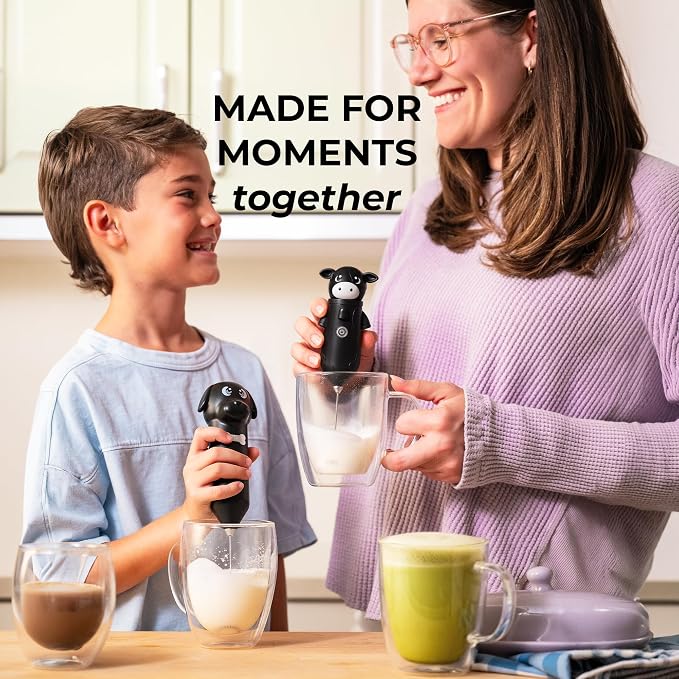 Zulay Kitchen Cow Milk Frother Wand – Cutesy Frother, Meet Your New Frothing Buddy Betsy The Cow, Adoption Papers and Stickers Included, Purrr-fect for Lattes, Cappuccino & Matcha – Black