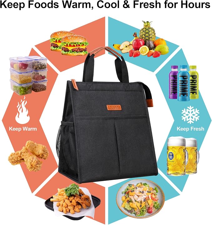 Lacdo Lunch Bag for Women Men Insulated Lunch Tote Bags Waterproof Reusable Lunch Box Soft Cooler with Pockets for Work Travel Picnic, Black