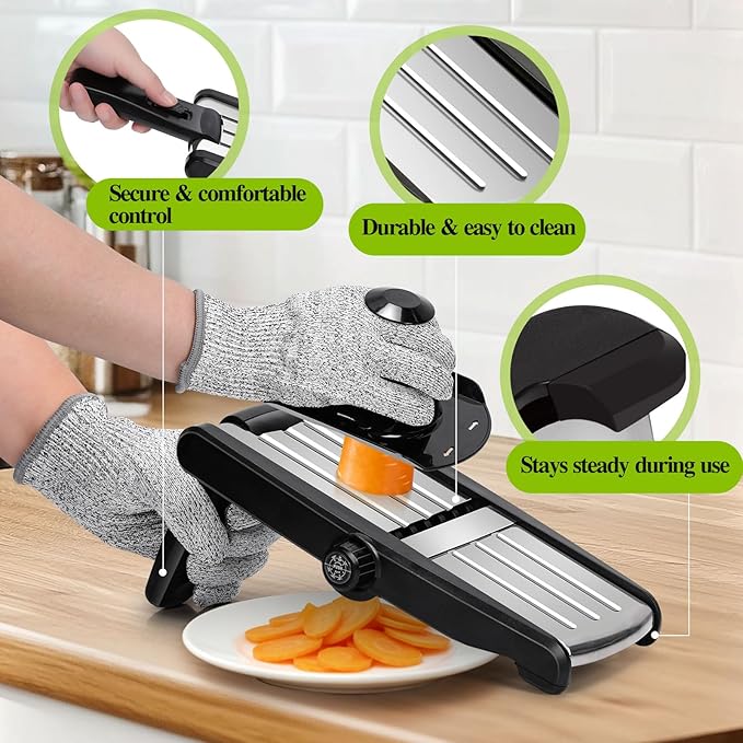 MASTERTOP Mandoline Slicer, 5 in 1 Mandoline Food Slicer for Kitchen,Stainless Steel Mini Vegetable Slicer with Safety Glove & Cleaning Brush,Adjustable Vegetable Chopper for Potatoes